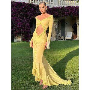 Commense NWT Ruffle Trim Ruched Cutout Long Dress in Yellow size Small